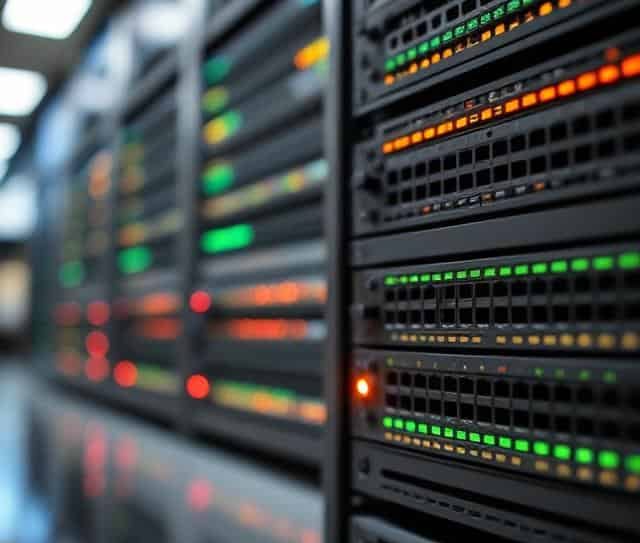 Close-up of server racks with illuminated status lights in a data center.