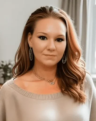 A woman with wavy hair wearing a beige sweater and silver jewelry, looking directly at the camera.