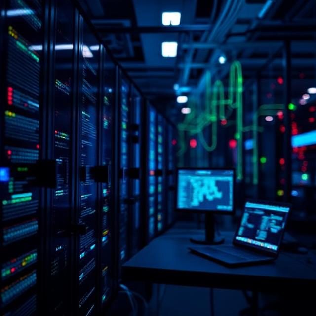 Data center with illuminated server racks and computer monitors displaying data.