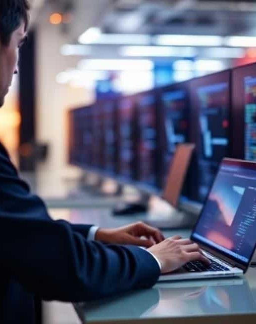 Certified engineers Person in a suit working on a laptop in front of multiple monitors.