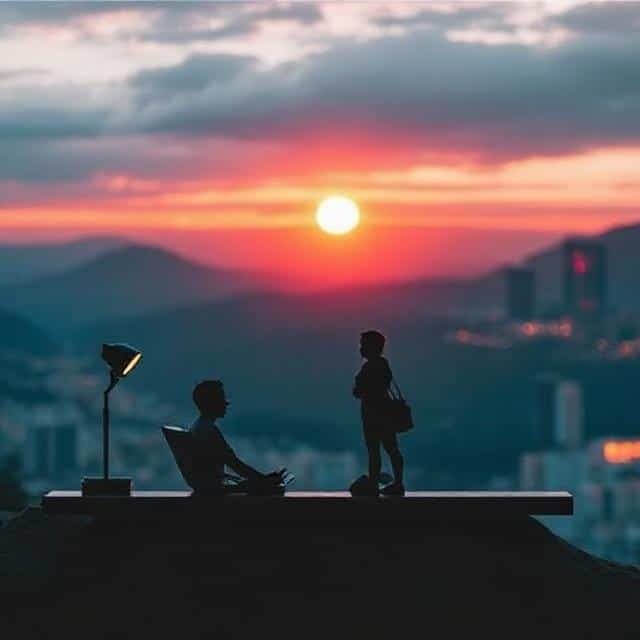 Silhouetted figures against a sunset view, with a cityscape in the background.