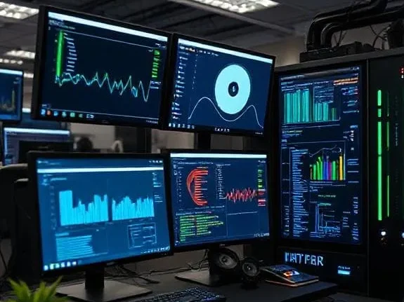 A dark room with multiple monitors displaying various data analytics and graphs.
