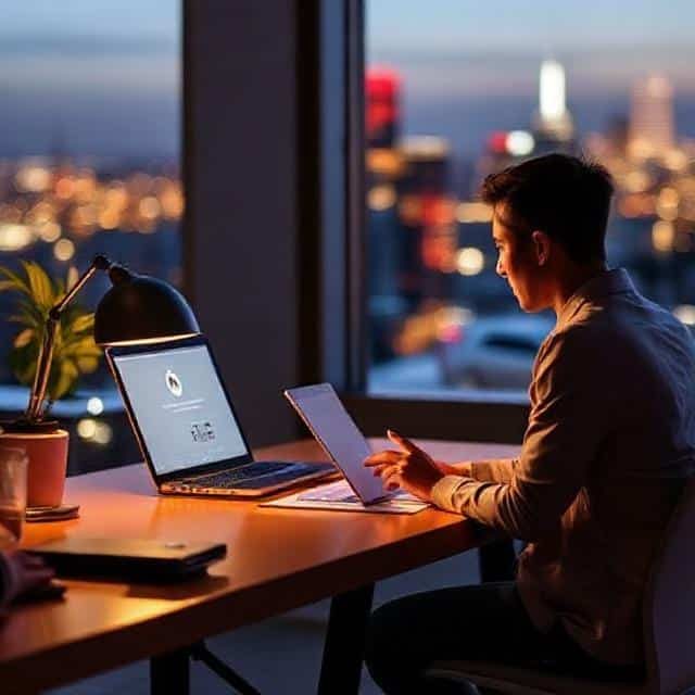 Person working on a laptop at a desk with a city skyline view at dusk.