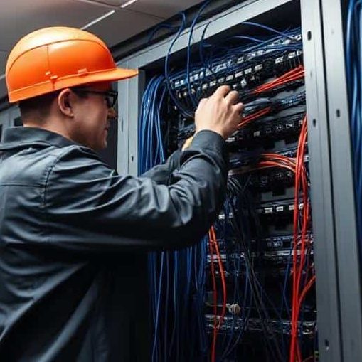 Technician in an orange hard hat working on a server rack with cables.