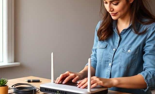 Woman configuring a router on a wooden desk with a potted plant and cables nearby.