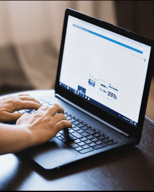 A person typing on a laptop with a webpage displayed on the screen.