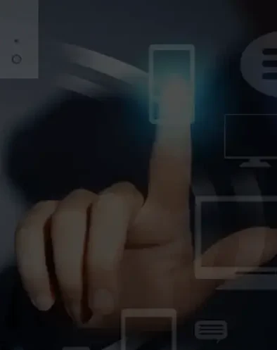 A hand touching a glowing smartphone surrounded by digital device outlines.