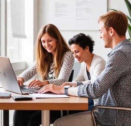 Three colleagues collaborating at a desk with a laptop and documents.