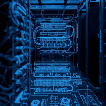 Documentation Blue-toned digital network equipment with interconnected lines and pathways.