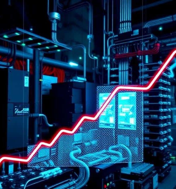 Asset recovery Syracuse NY shown by Abstract representation of a data center with a rising graph line over digital screens.