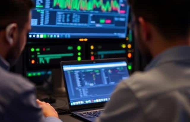 Two people analyzing data on a laptop with graphs and digital displays in the background.