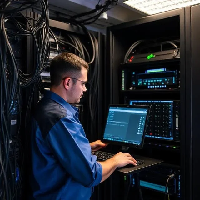 On-site Support A technician working on a laptop in a server room surrounded by cables and equipment.