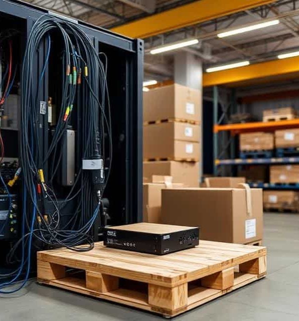 Equipment on a wooden pallet in a warehouse with stacked cardboard boxes in the background.