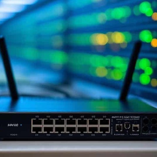 A computer setup with a monitor displaying data, surrounded by servers and cables.