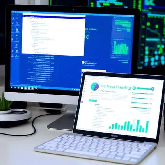 Computer monitor and tablet displaying coding interface and data analytics charts.