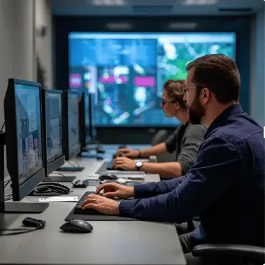 Two people working at desks with computers displaying data and analytics.
