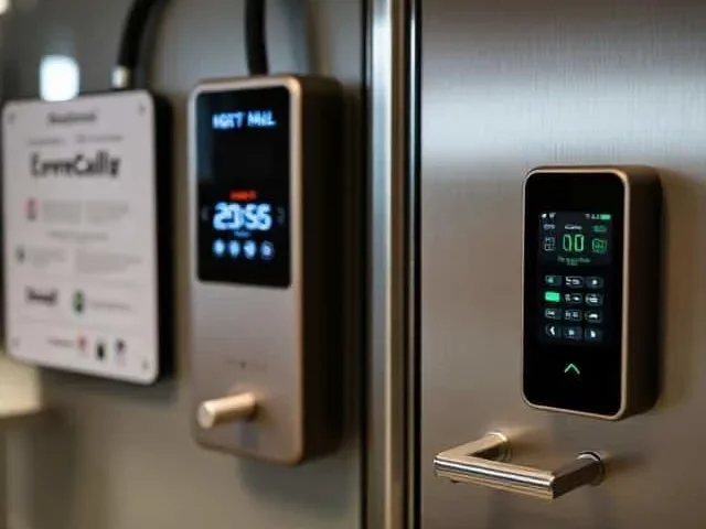 Digital touchpad locks on a metal door foro secure building access.