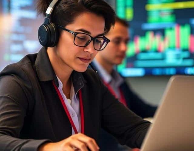 Woman with headphones working on a laptop, focused on data charts in the background.