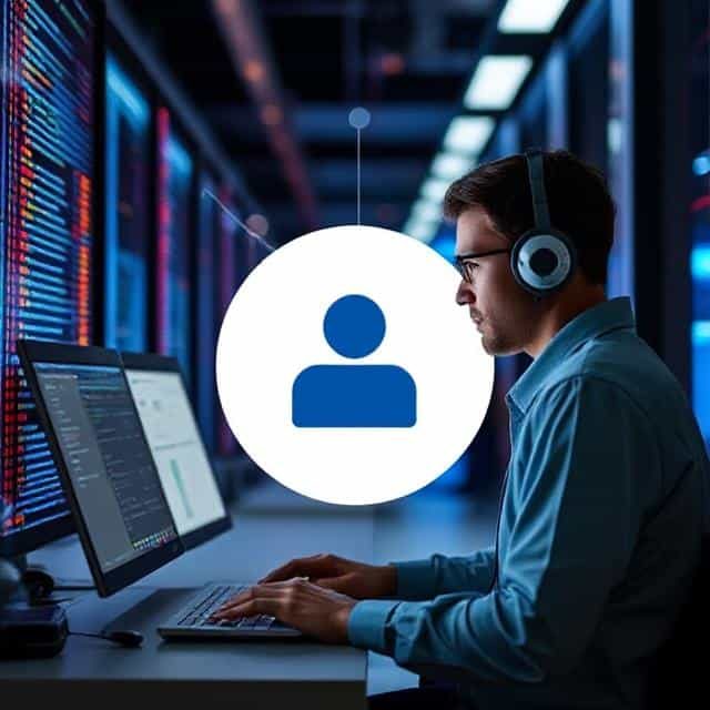 Person wearing headphones working on a computer in a server room.