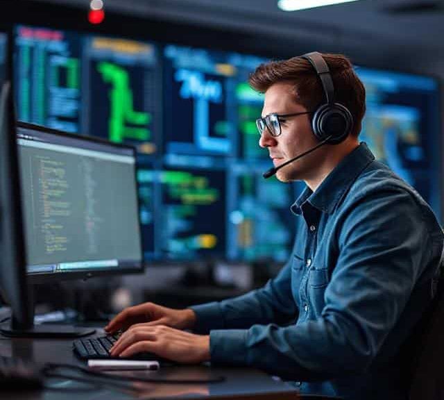 A focused individual wearing a headset, working at a computer with multiple screens displaying data.