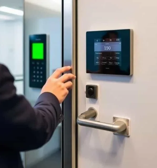 A person using a door access control system.