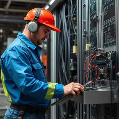 A technician in a hard hat works on equipment in a control room.