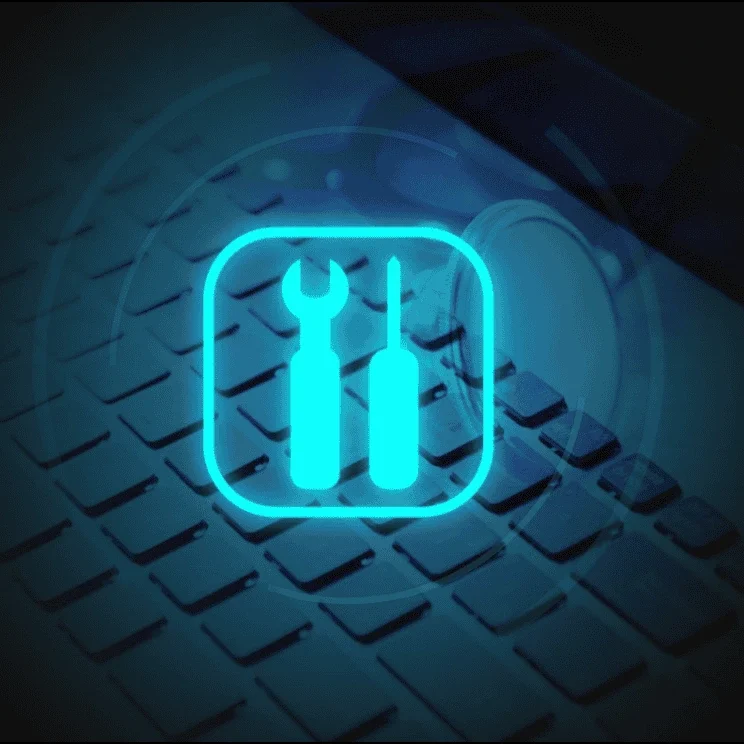 Icon of a wrench and screwdriver over a keyboard background.