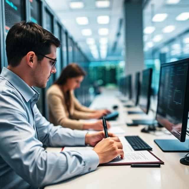 Training Two individuals working at computers in a modern office environment.