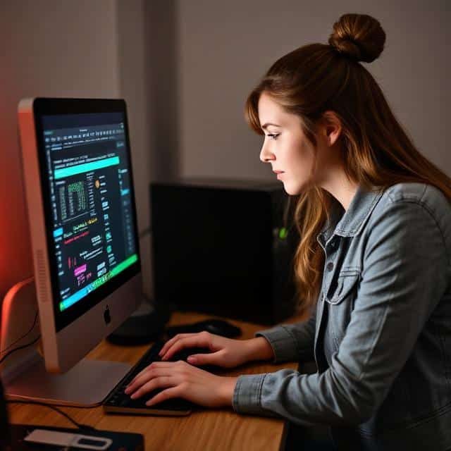 A person in headphones working at a computer displaying code and data.