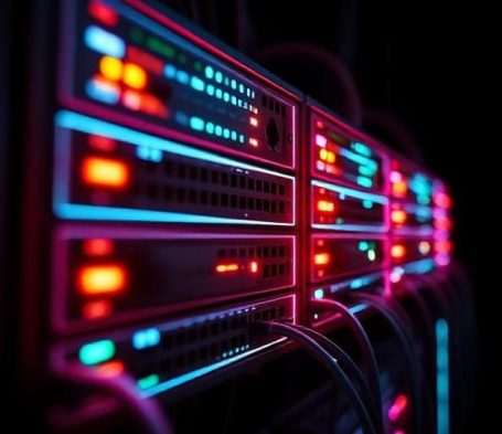 Switch Rows of servers with illuminated lights in various colors against a dark background.