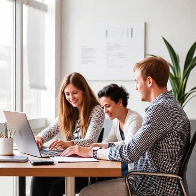 Apprenticeship program Three people collaborating at a table, using a laptop and taking notes in a bright office.