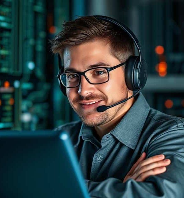 Person with glasses and headset smiling while using a laptop in a tech environment.