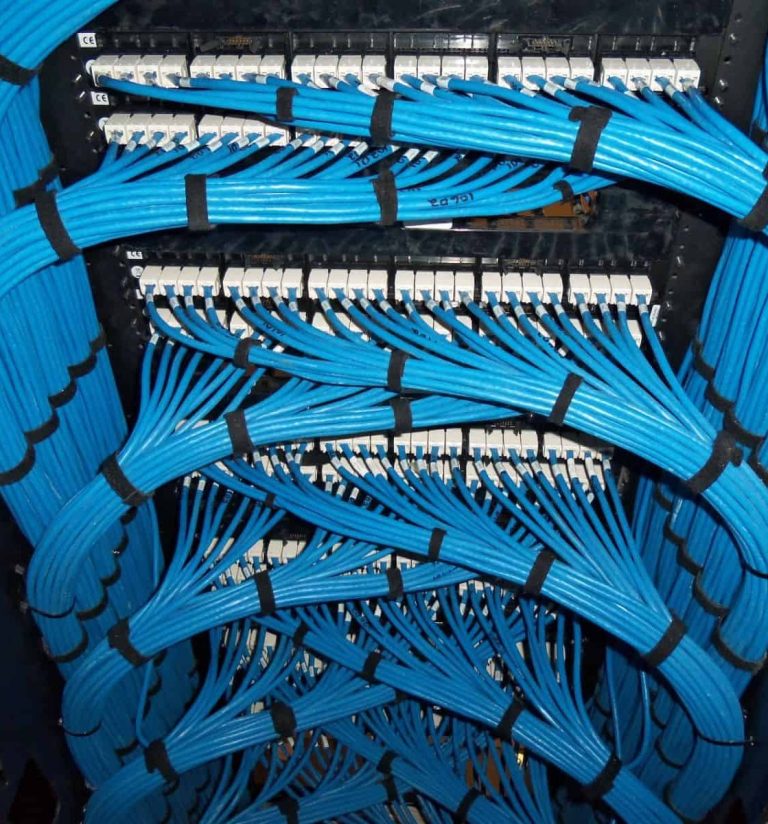 Ethernet Cable Installation A network patch panel with neatly organized blue Ethernet cables.