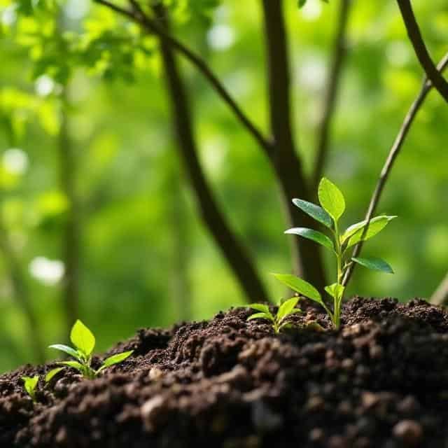 Young green plants growing from dark soil with a blurred background of trees.
