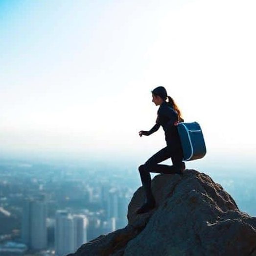 A hiker with a backpack stands on a rock overlooking a cityscape below.
