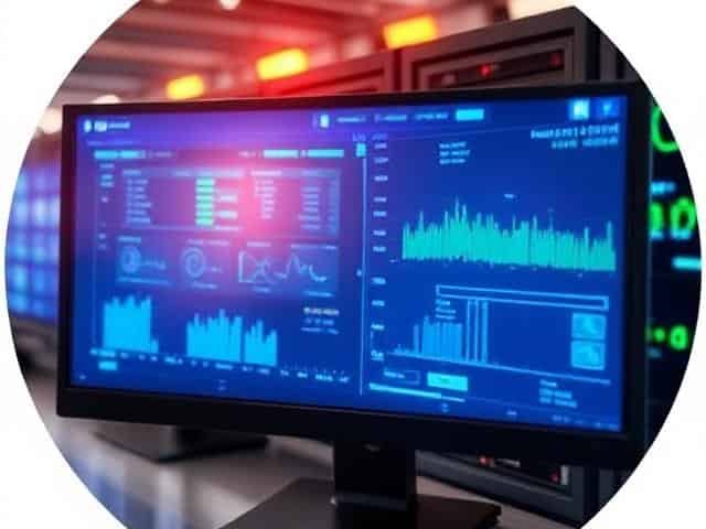 Computer monitor displaying data analytics and graphs in a technology setting.