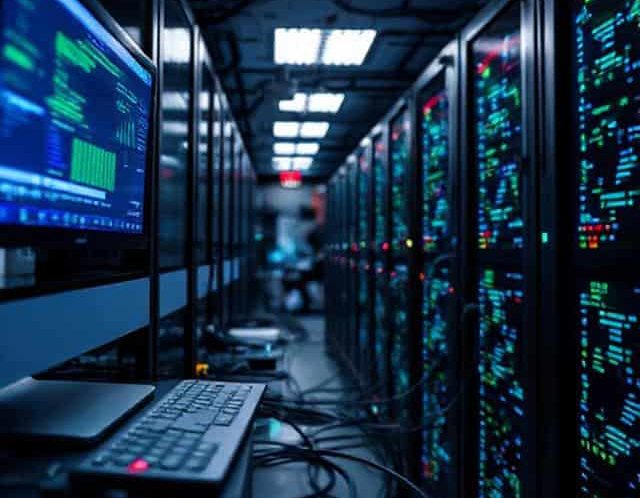 Datacenter Rows of server racks with glowing lights, and a computer monitor displaying code.