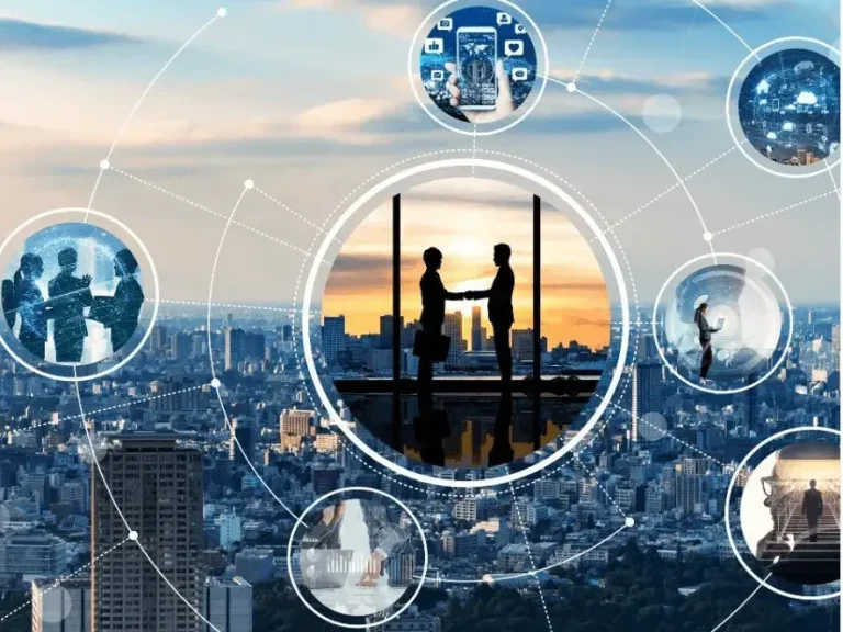 Community Impact Silhouettes of two people shaking hands against a city skyline, with icons representing technology.