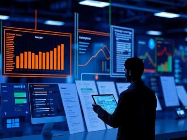 Person analyzing digital data on screens with graphs and statistics in a dark room.