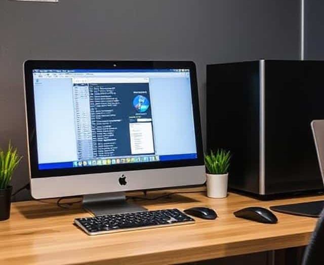 Desktop computer setup with a monitor, keyboard, and potted plant on a wooden desk.