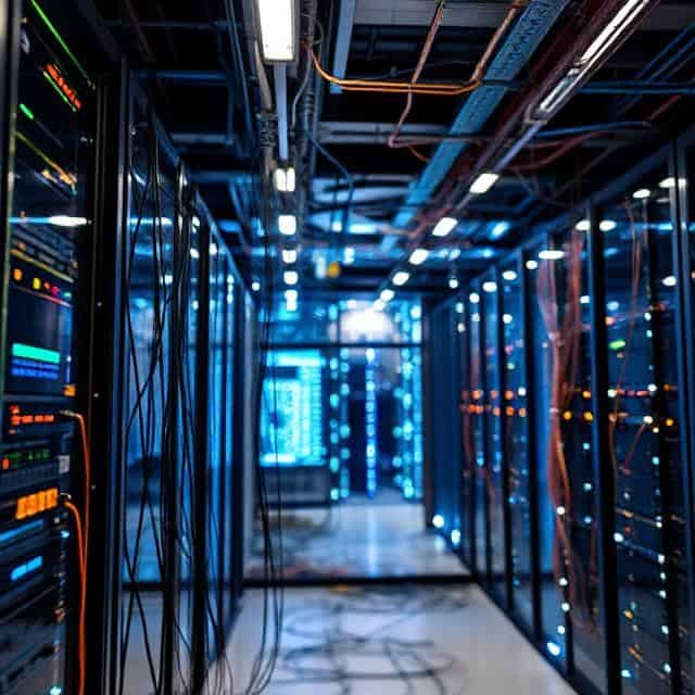 network racks A hallway of illuminated server racks in a data center.