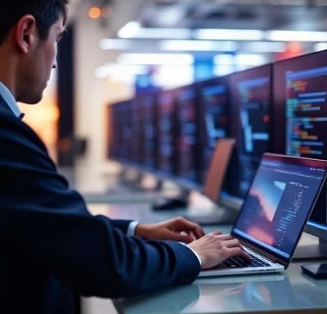 A person working on a laptop in front of multiple monitors displaying code.