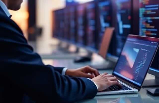 Person in a suit typing on a laptop surrounded by multiple screens displaying code.
