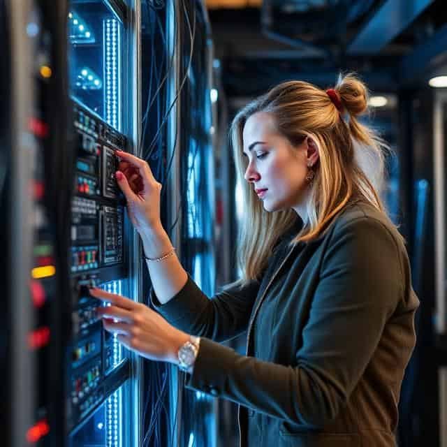 Woman in a data center adjusting server equipment with blue-lit background.