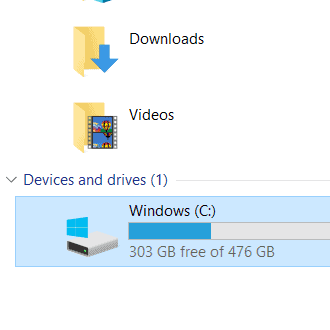 File explorer view showing Windows (C:) drive with available storage information.