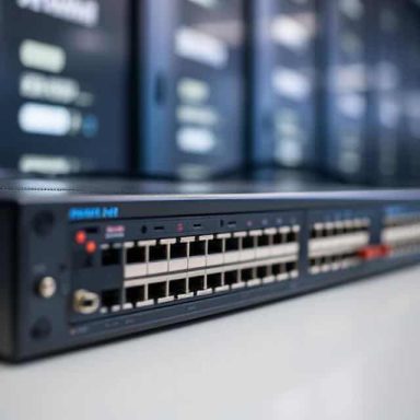 Close-up of a network switch with multiple ports, placed on a rack.