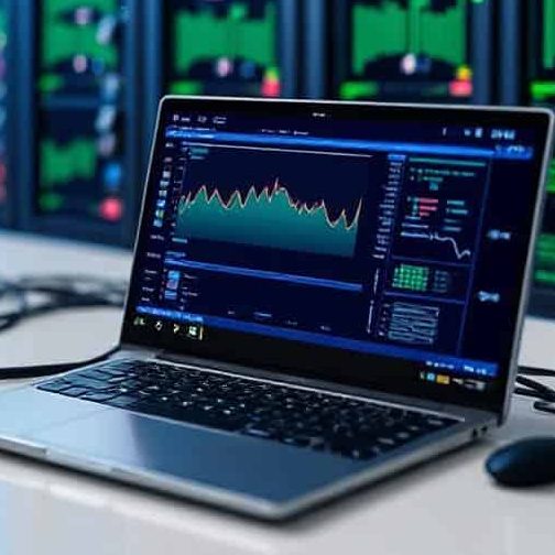 Device optimization Laptop displaying a data analysis dashboard with graphs and charts.