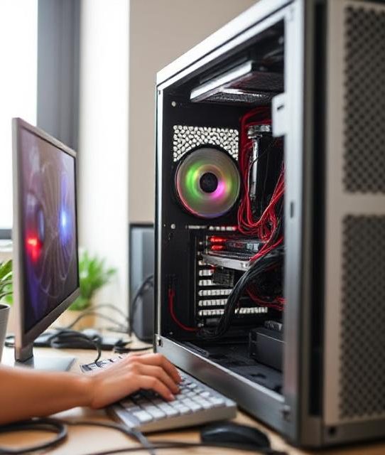 A person’s hand working on a desktop computer with a colorful internal light setup.
