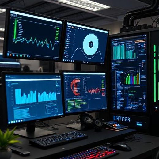A desktop setup featuring multiple monitors displaying data analytics and charts.