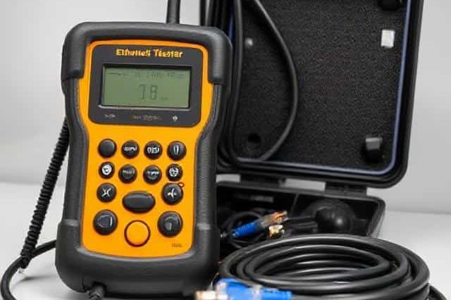 Cable Testing & Certification Digital tuner with display, buttons, and cables in a protective case.